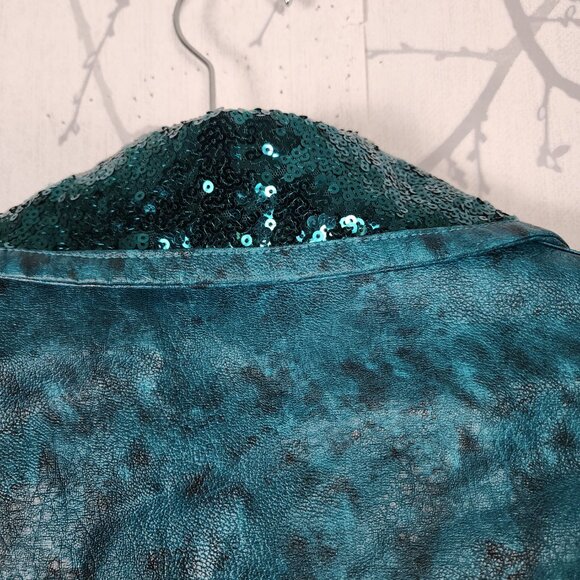 Disney Descendants 3 Uma Teal Green Sequin Faux Leather Moto Jacket - Picture 8 of 12